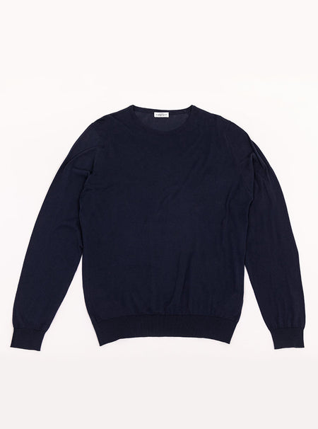 Flat lay of men's midnight blue/grey long sleeved knit in 100% merino wool from New Zealand.